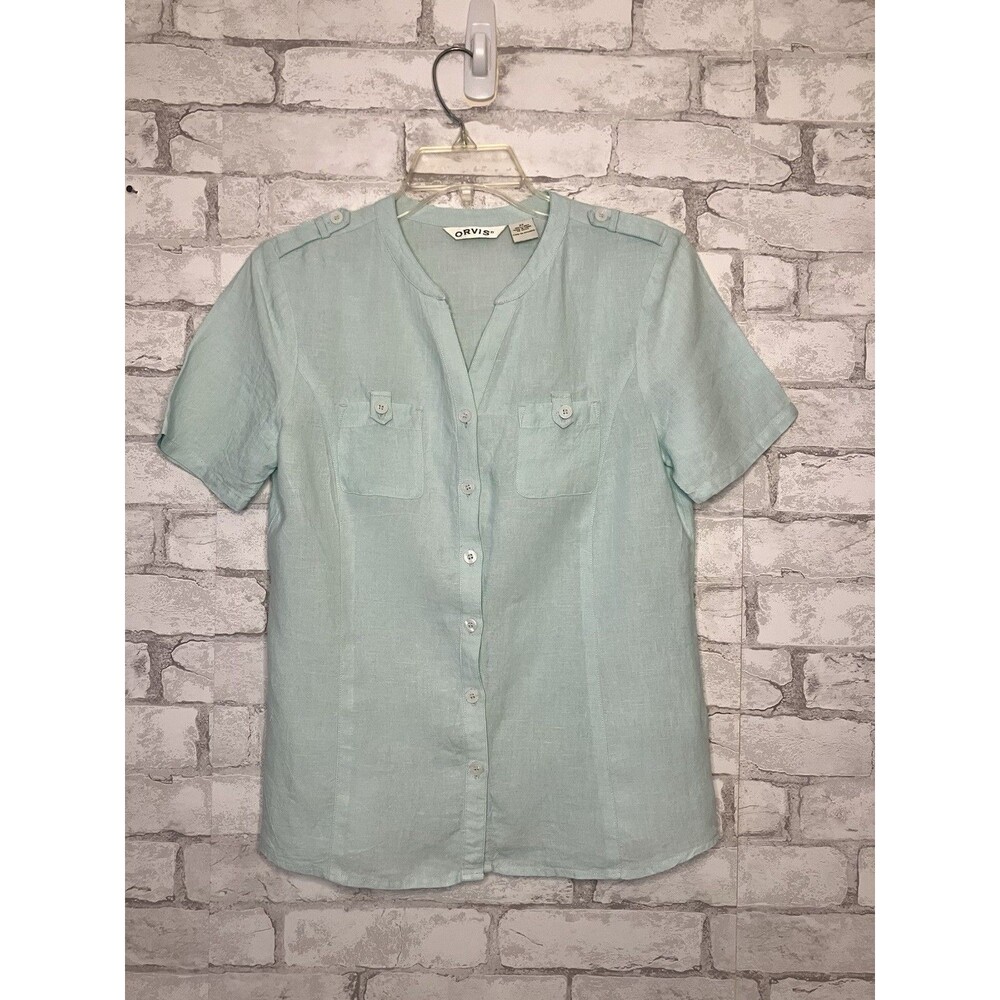 Orvis Women’s XS 100% Linen Top Safari Style Princess Seams Button Up Mint Green